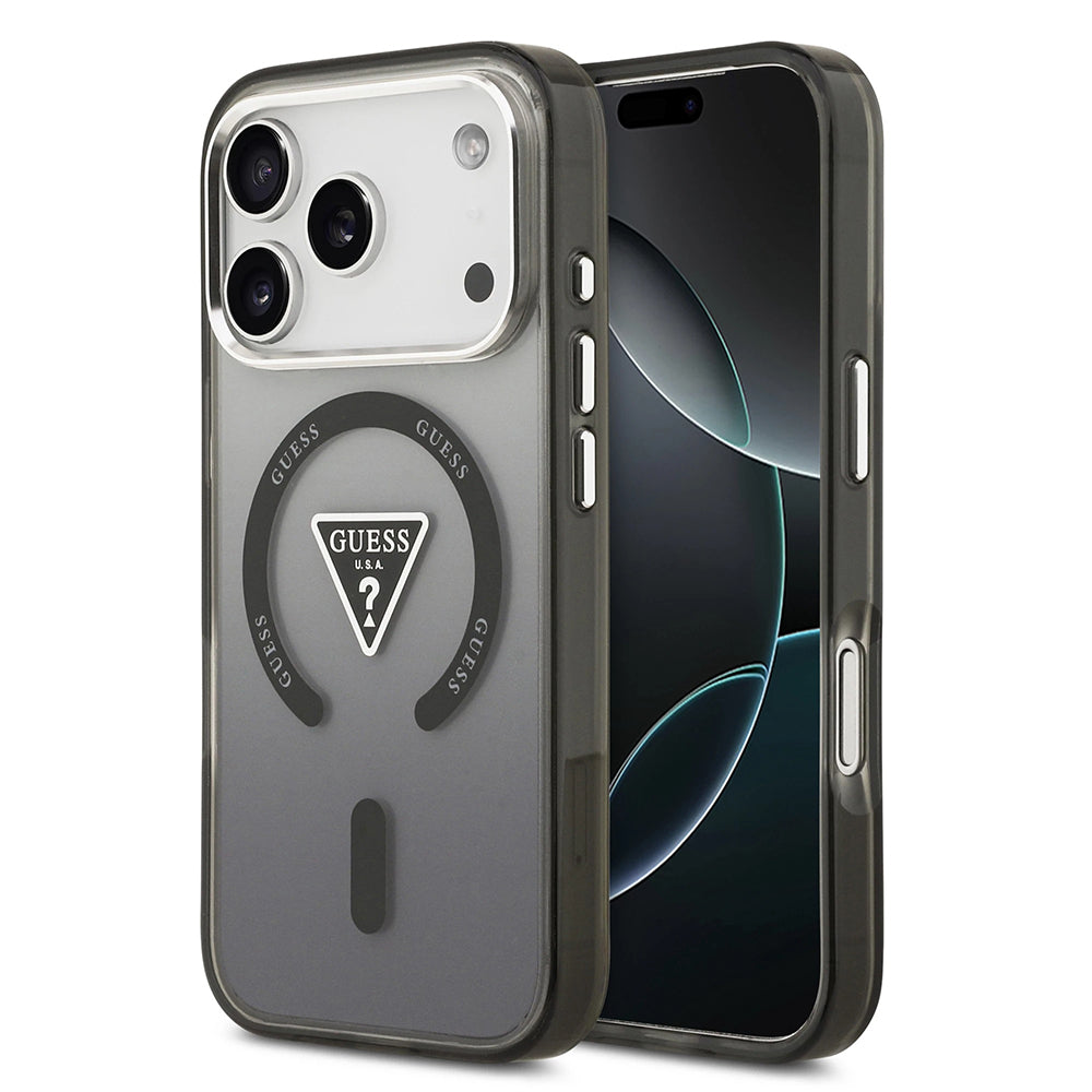 Puzdro MagSafe pre Apple iPhone 17 Pro Max, Guess, IML Gradient Triangle Logo, Čierno Strieborné