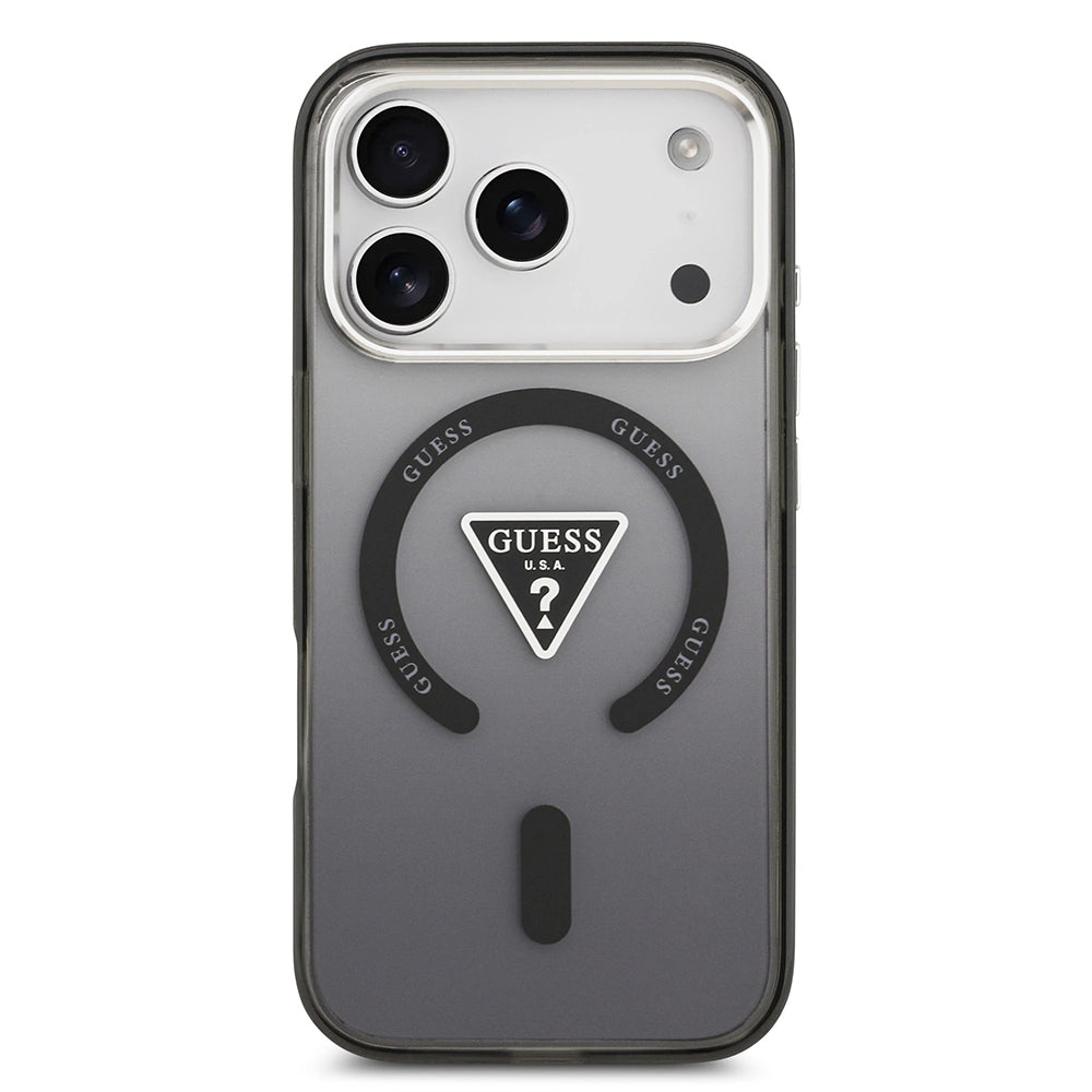 Puzdro MagSafe pre Apple iPhone 17 Pro Max, Guess, IML Gradient Triangle Logo, Čierno Strieborné