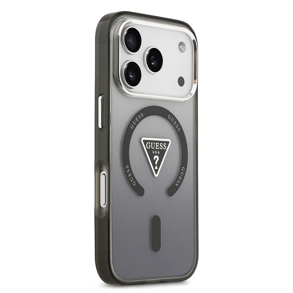 Puzdro MagSafe pre Apple iPhone 17 Pro Max, Guess, IML Gradient Triangle Logo, Čierno Strieborné