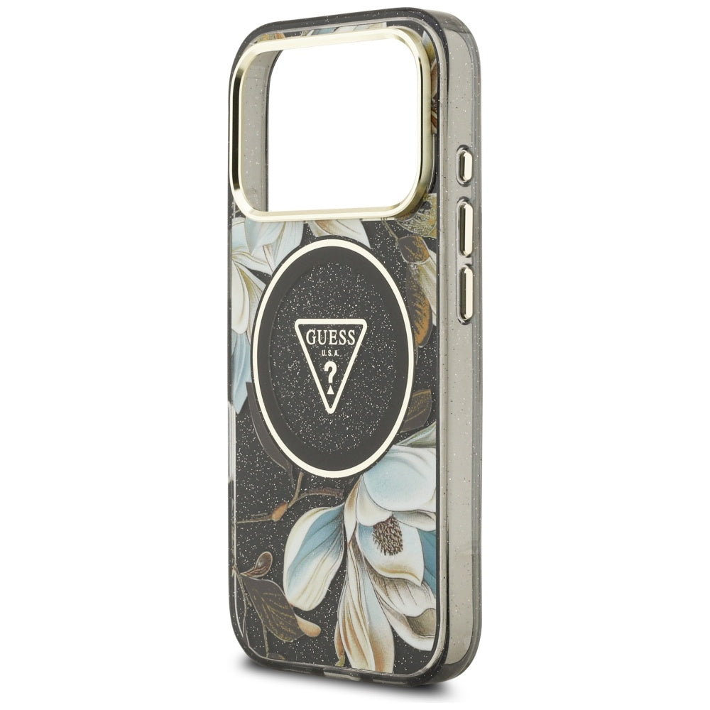 Puzdro MagSafe pre Apple iPhone 17 Pro Max, Guess, IML Metal Glitter Flowers Triangle, Čierne