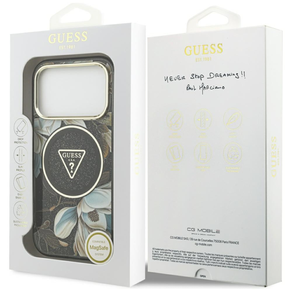 Puzdro MagSafe pre Apple iPhone 17 Pro Max, Guess, IML Metal Glitter Flowers Triangle, Čierne