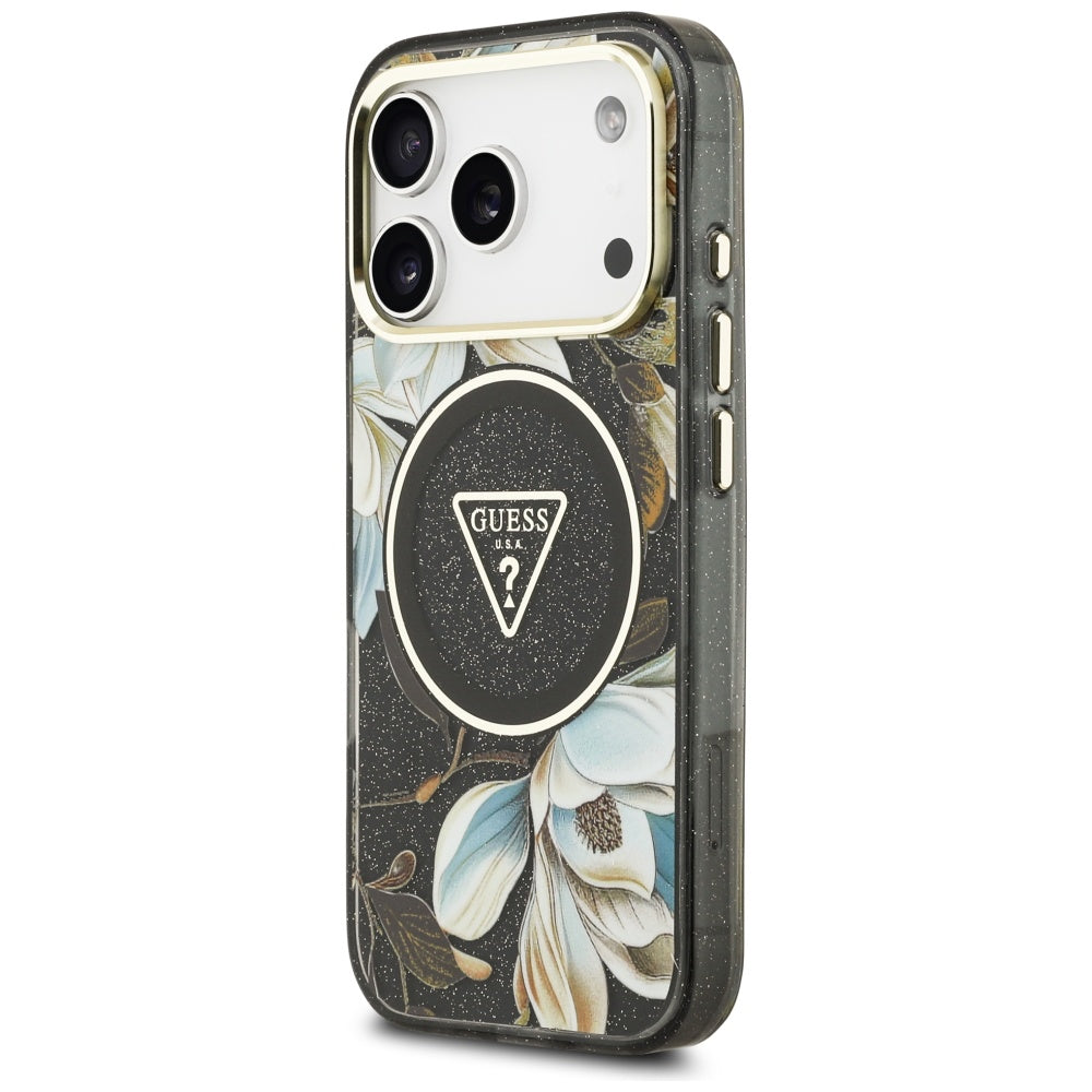 Puzdro MagSafe pre Apple iPhone 17 Pro Max, Guess, IML Metal Glitter Flowers Triangle, Čierne