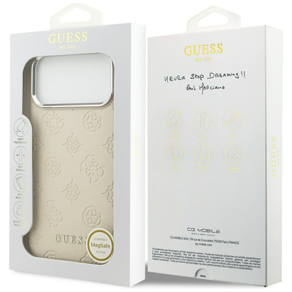 Puzdro MagSafe pre Apple iPhone 17 Pro Max, Guess, Peony Hot Stamp Script, Béžová