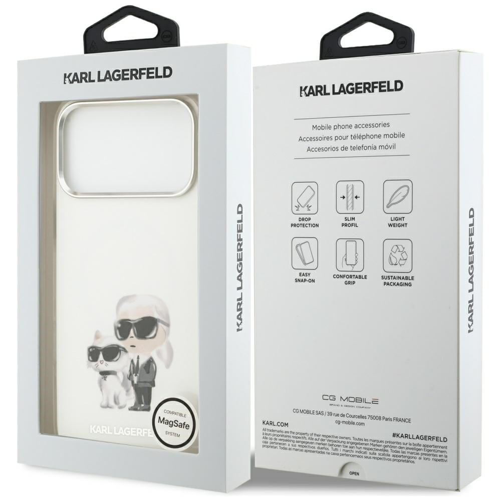 Puzdro MagSafe pre Apple iPhone 17 Pro Max, Karl Lagerfeld, IML Aquarelle Logo Karl & Choupette, Biela