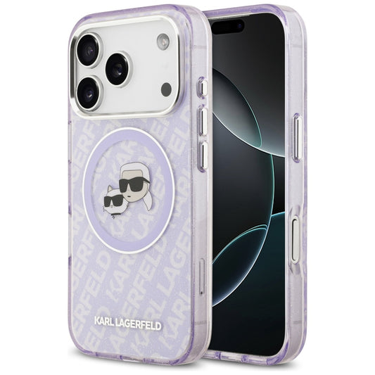 Puzdro MagSafe pre Apple iPhone 17 Pro Max, Karl Lagerfeld, IML Glitter Karl & Choupette`s Heads, Fialové
