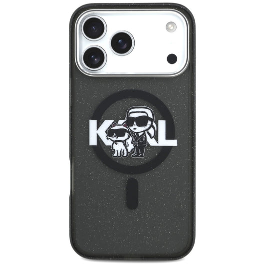 Puzdro MagSafe pre Apple iPhone 17 Pro Max, Karl Lagerfeld, IML Sketch Logo Glitter Karl & Choupette, Čierne