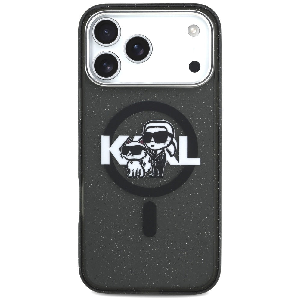 Puzdro MagSafe pre Apple iPhone 17 Pro Max, Karl Lagerfeld, IML Sketch Logo Glitter Karl & Choupette, Čierne