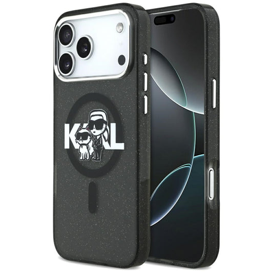 Puzdro MagSafe pre Apple iPhone 17 Pro Max, Karl Lagerfeld, IML Sketch Logo Glitter Karl & Choupette, Čierne
