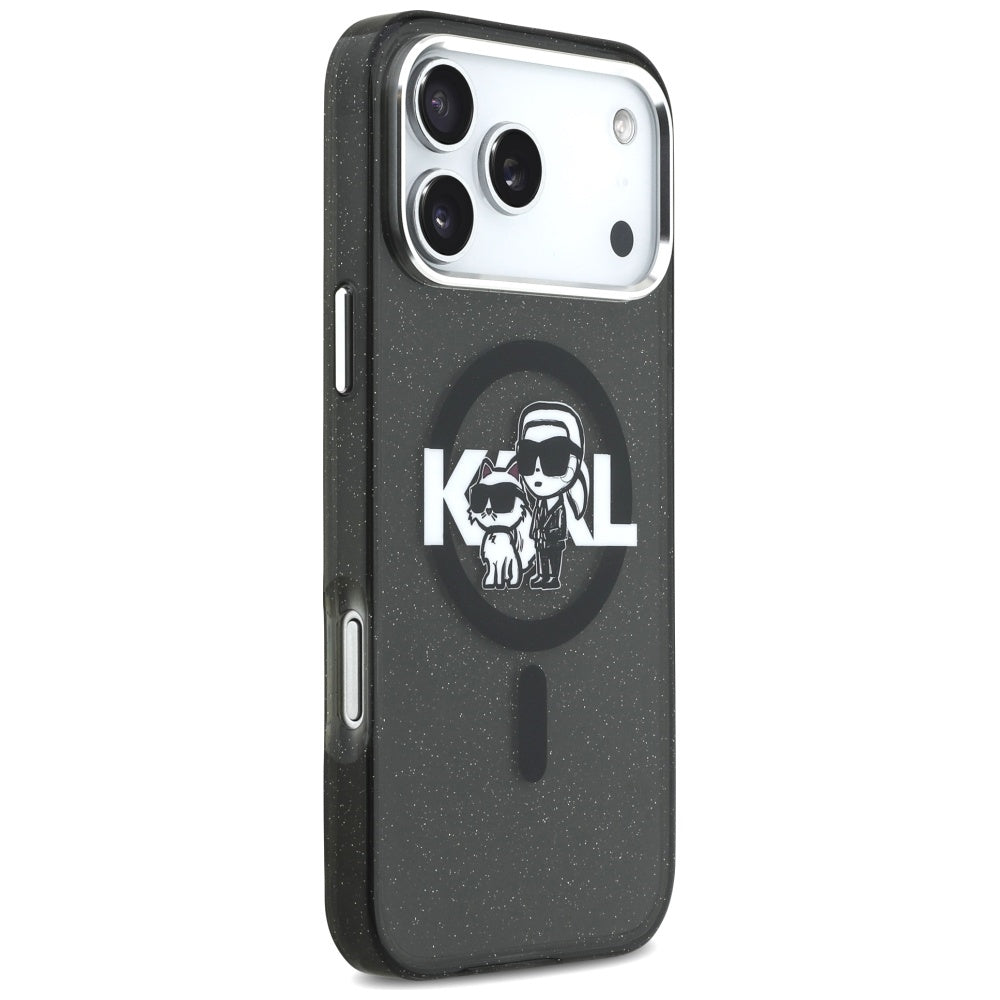 Puzdro MagSafe pre Apple iPhone 17 Pro Max, Karl Lagerfeld, IML Sketch Logo Glitter Karl & Choupette, Čierne