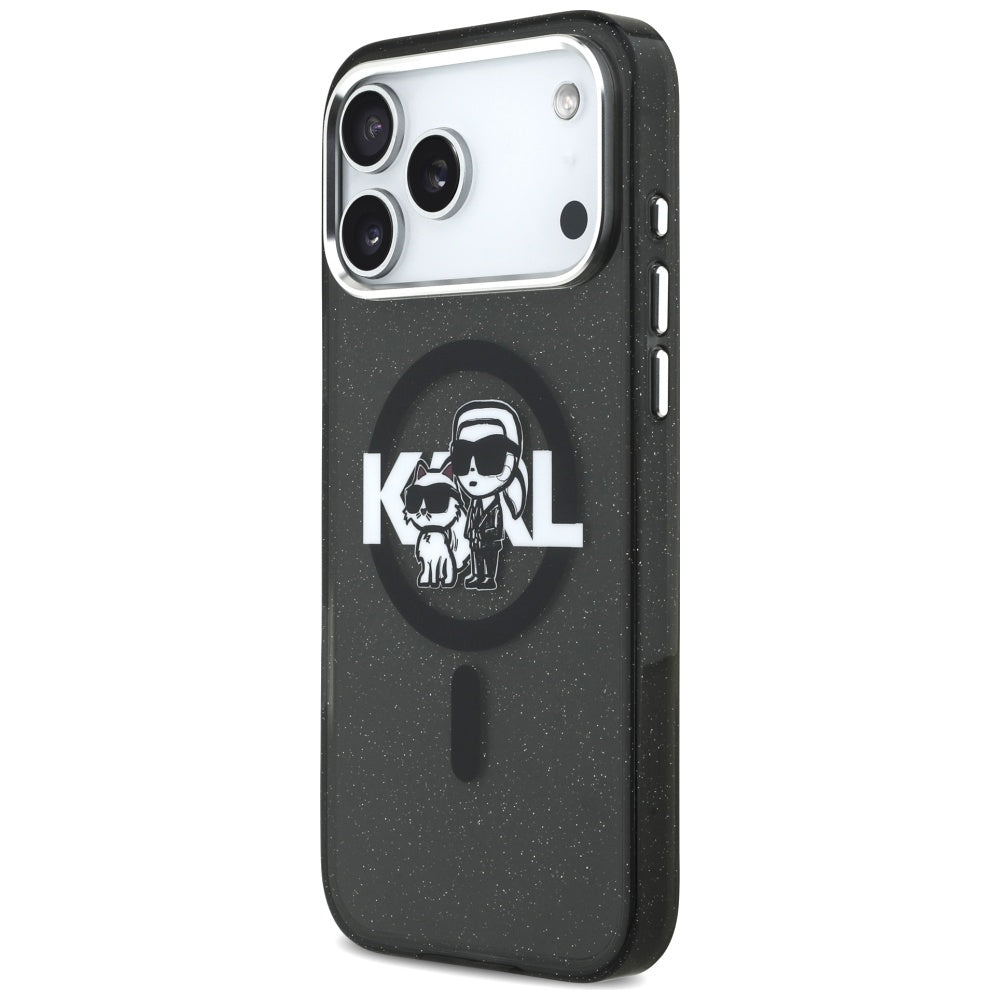 Puzdro MagSafe pre Apple iPhone 17 Pro Max, Karl Lagerfeld, IML Sketch Logo Glitter Karl & Choupette, Čierne