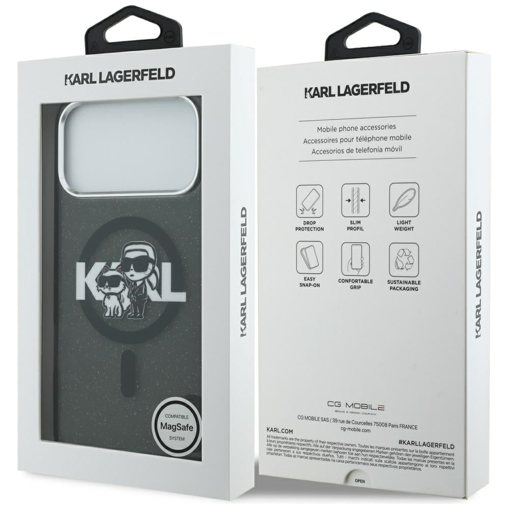 Puzdro MagSafe pre Apple iPhone 17 Pro Max, Karl Lagerfeld, IML Sketch Logo Glitter Karl & Choupette, Čierne