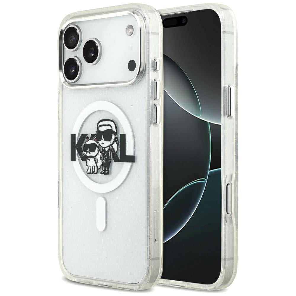 Puzdro MagSafe pre Apple iPhone 17 Pro Max, Karl Lagerfeld, IML Sketch Logo Glitter Karl & Choupette, Transparentné