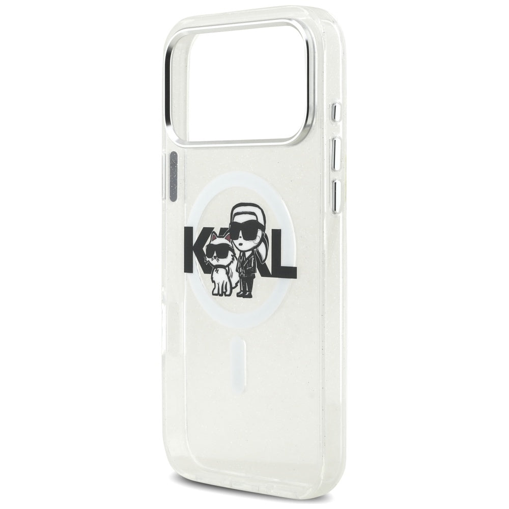 Puzdro MagSafe pre Apple iPhone 17 Pro Max, Karl Lagerfeld, IML Sketch Logo Glitter Karl & Choupette, Transparentné