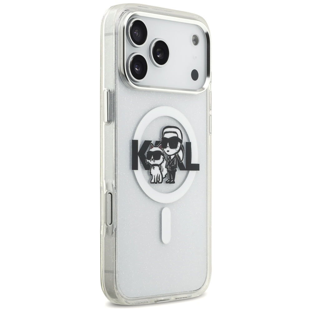 Puzdro MagSafe pre Apple iPhone 17 Pro Max, Karl Lagerfeld, IML Sketch Logo Glitter Karl & Choupette, Transparentné