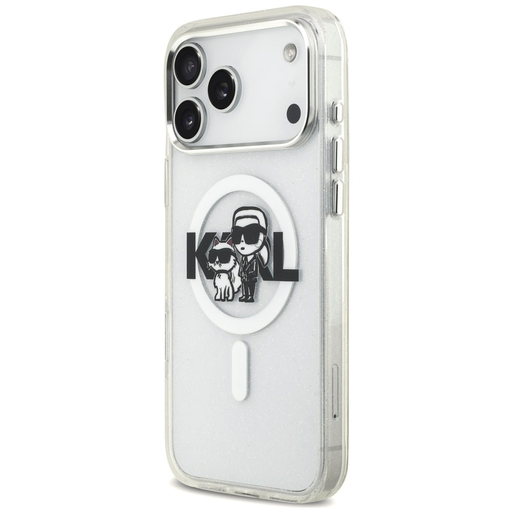 Puzdro MagSafe pre Apple iPhone 17 Pro Max, Karl Lagerfeld, IML Sketch Logo Glitter Karl & Choupette, Transparentné