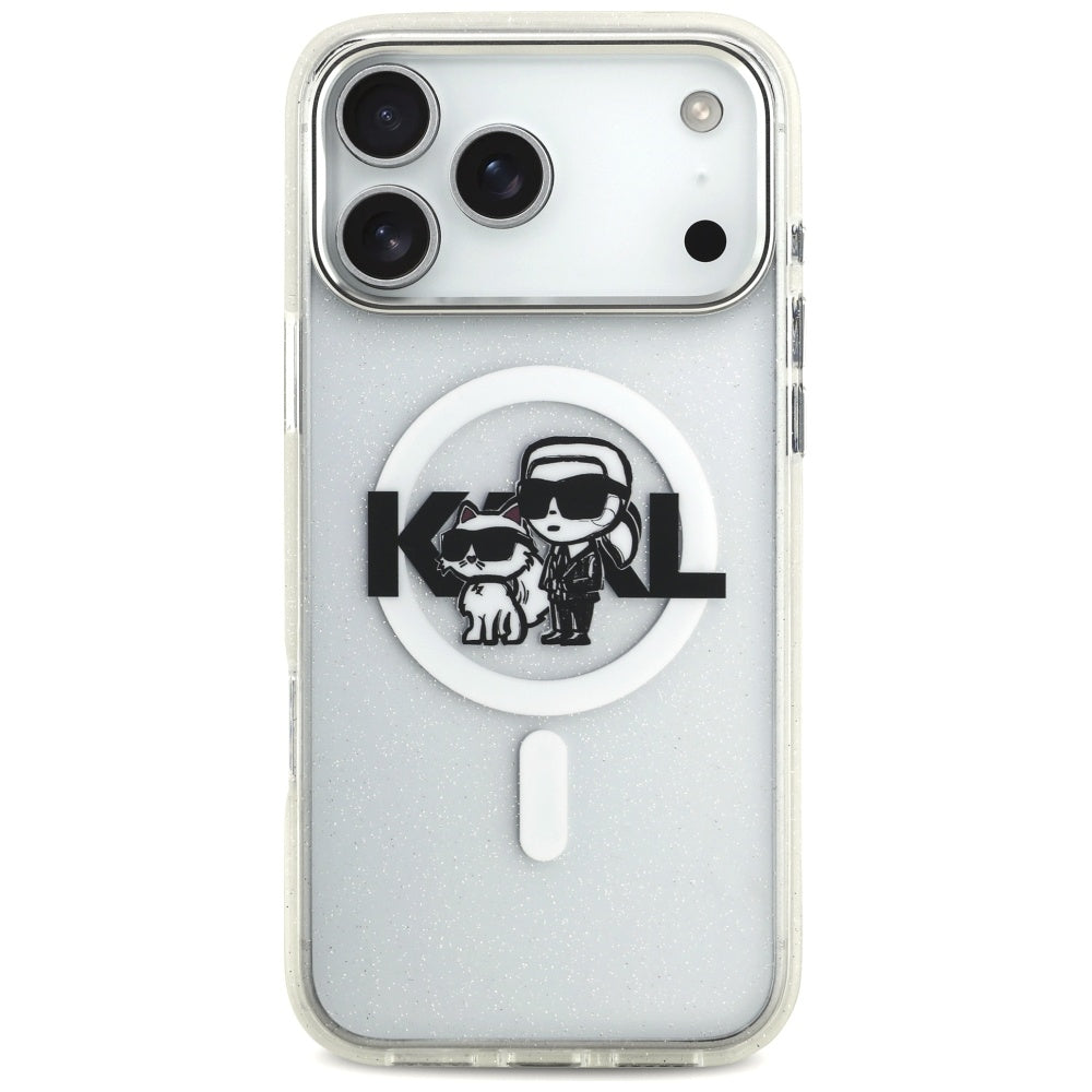 Puzdro MagSafe pre Apple iPhone 17 Pro Max, Karl Lagerfeld, IML Sketch Logo Glitter Karl & Choupette, Transparentné