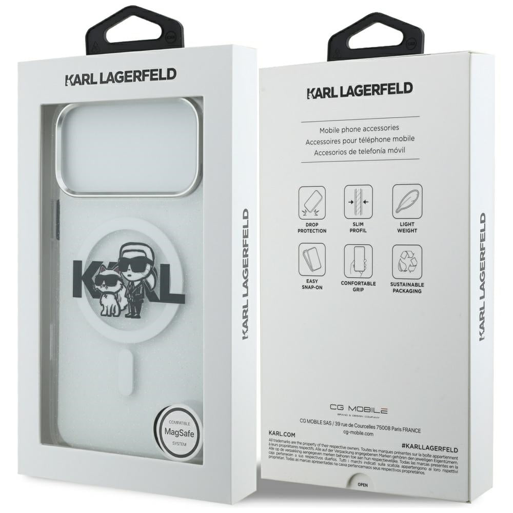 Puzdro MagSafe pre Apple iPhone 17 Pro Max, Karl Lagerfeld, IML Sketch Logo Glitter Karl & Choupette, Transparentné