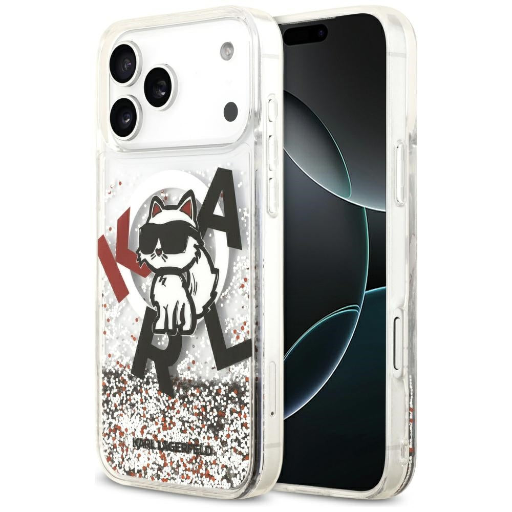 Puzdro MagSafe pre Apple iPhone 17 Pro Max, Karl Lagerfeld, Liquid Glitter Logo Choupette, Transparentné