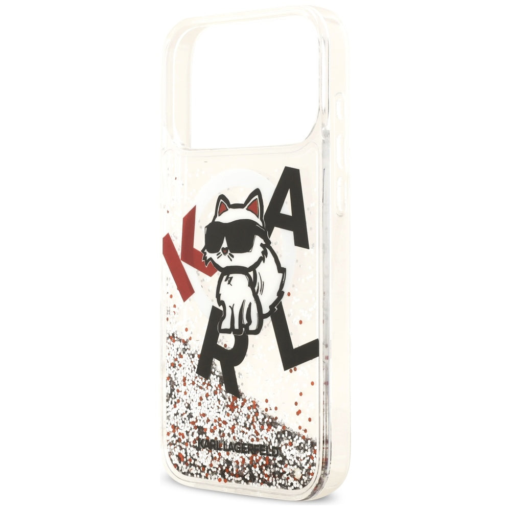Puzdro MagSafe pre Apple iPhone 17 Pro Max, Karl Lagerfeld, Liquid Glitter Logo Choupette, Transparentné