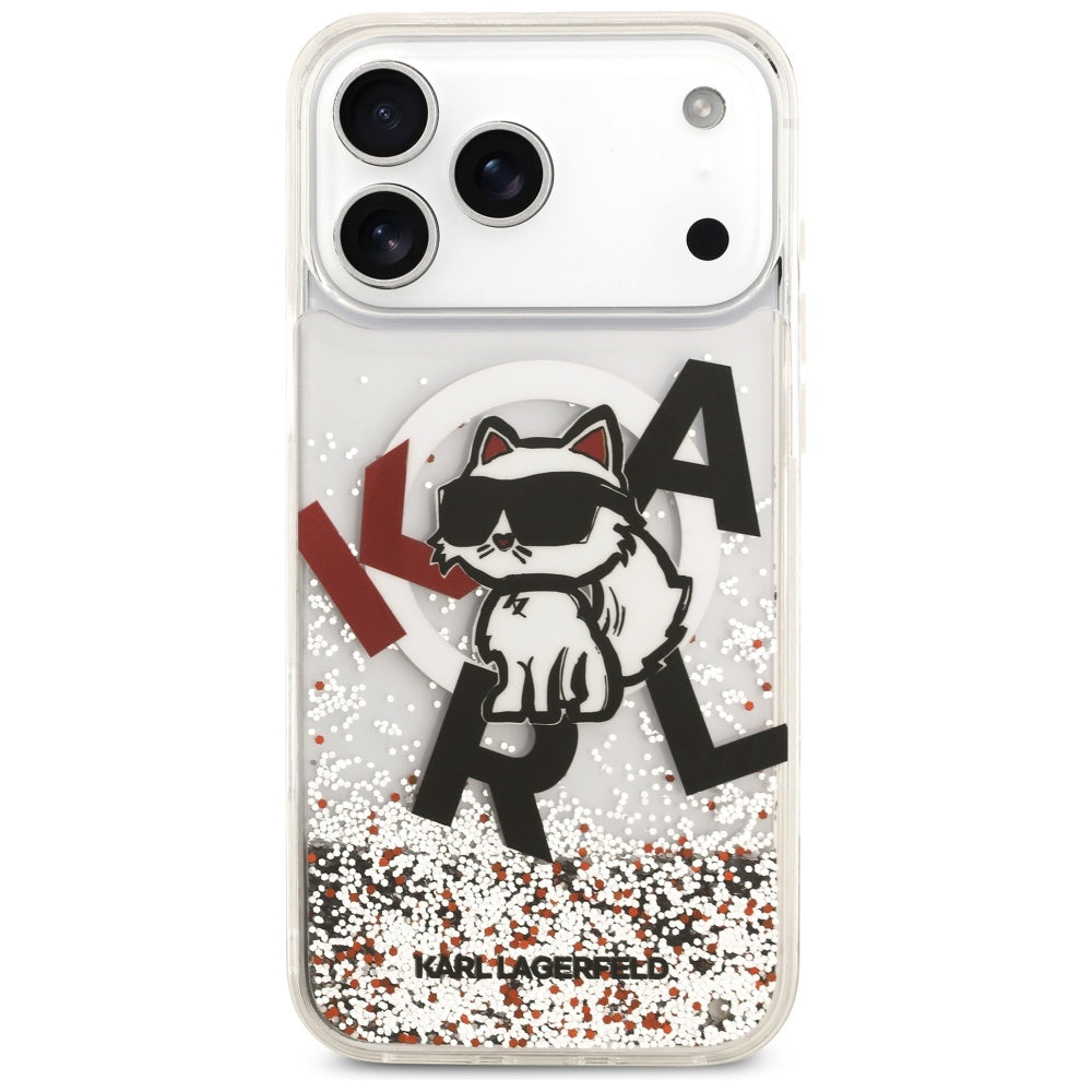 Puzdro MagSafe pre Apple iPhone 17 Pro Max, Karl Lagerfeld, Liquid Glitter Logo Choupette, Transparentné