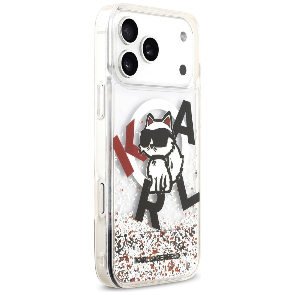 Puzdro MagSafe pre Apple iPhone 17 Pro Max, Karl Lagerfeld, Liquid Glitter Logo Choupette, Transparentné