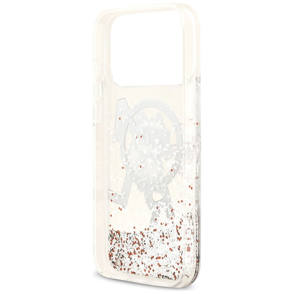 Puzdro MagSafe pre Apple iPhone 17 Pro Max, Karl Lagerfeld, Liquid Glitter Logo Choupette, Transparentné