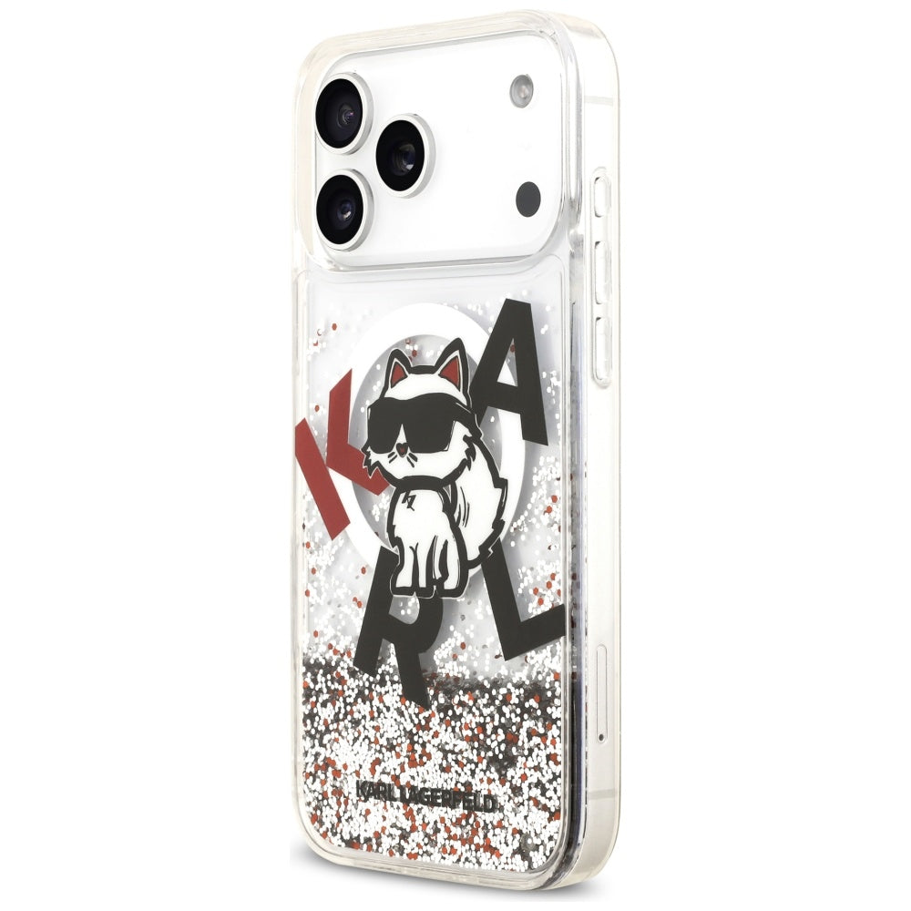 Puzdro MagSafe pre Apple iPhone 17 Pro Max, Karl Lagerfeld, Liquid Glitter Logo Choupette, Transparentné