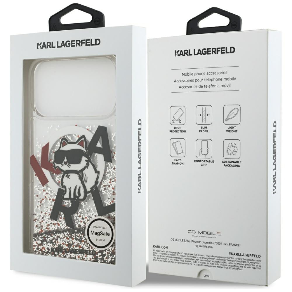 Puzdro MagSafe pre Apple iPhone 17 Pro Max, Karl Lagerfeld, Liquid Glitter Logo Choupette, Transparentné