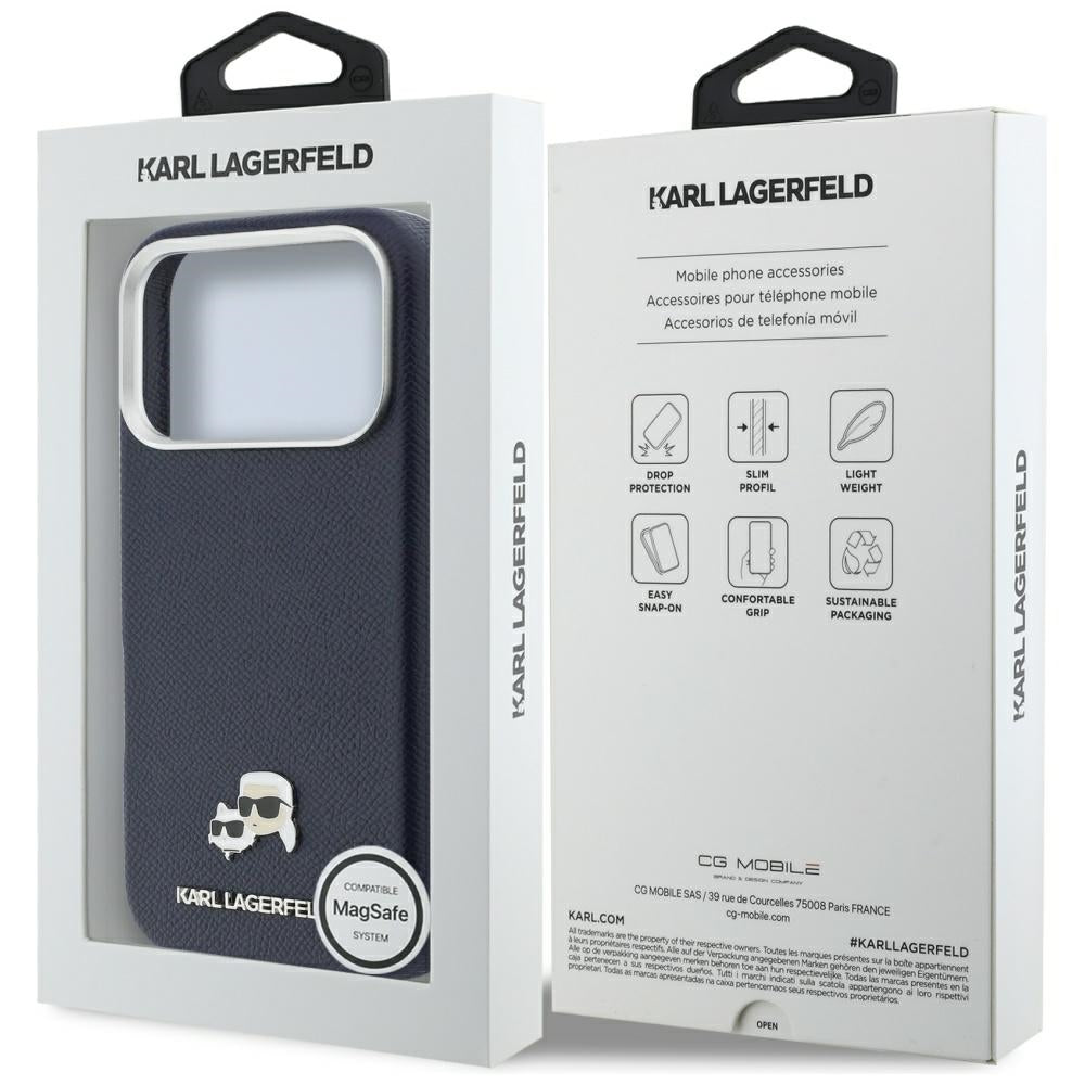 Puzdro MagSafe pre Apple iPhone 17 Pro Max, Karl Lagerfeld, Saffiano Karl & Choupette Pins, Modrá