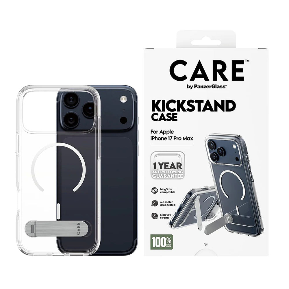 Puzdro MagSafe pre Apple iPhone 17 Pro Max, PanzerGlass, Care Feature Kickstand, Biela Transparentná