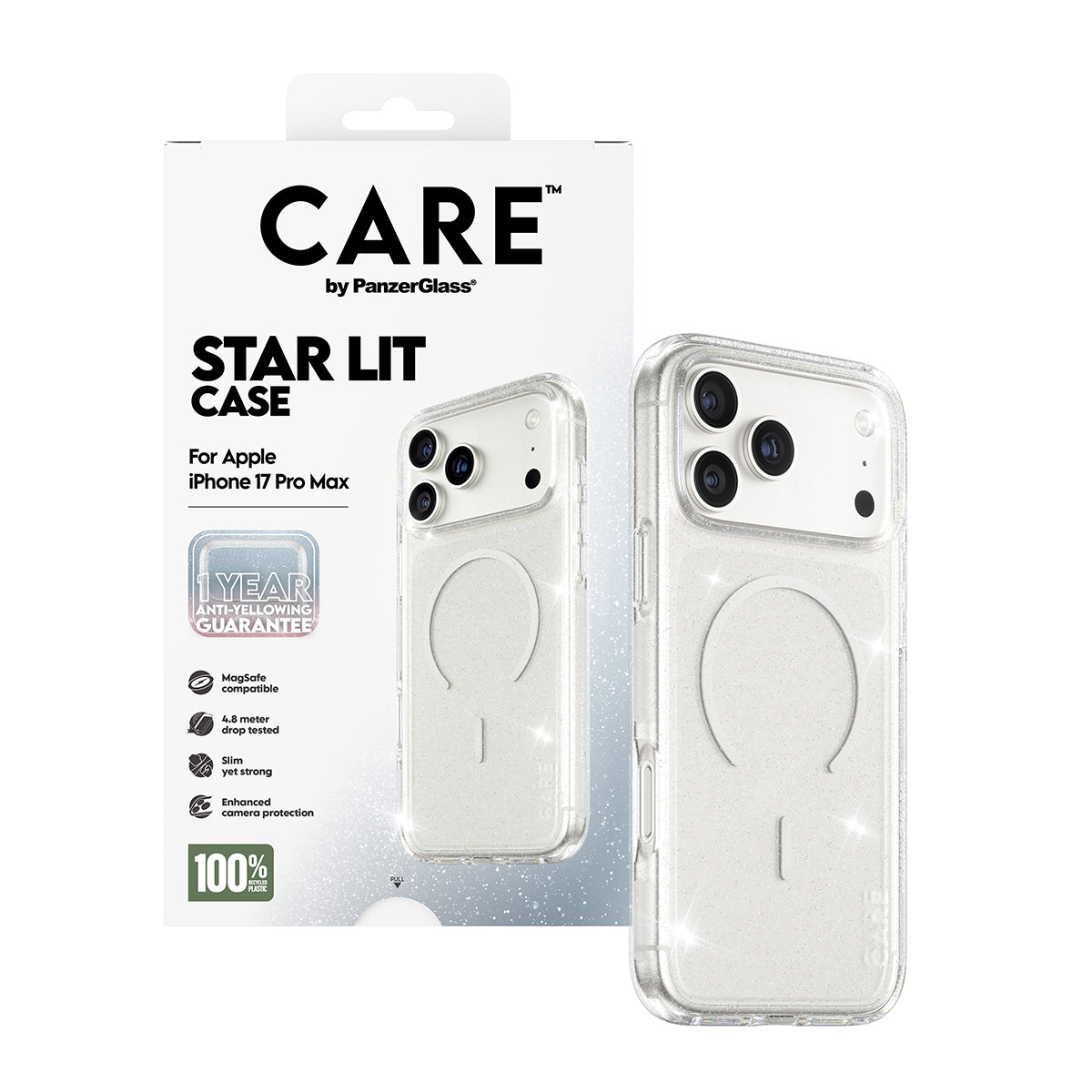 Puzdro MagSafe pre Apple iPhone 17 Pro Max, PanzerGlass, Care Urban Explorer Star Lit, Biela Transparentná