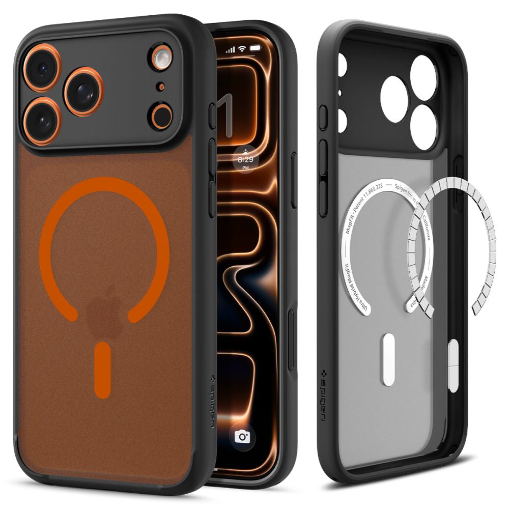 Puzdro MagSafe pre Apple iPhone 17 Pro, Spigen, Ultra Hybrid, Čierno-oranžové Saténové ACS10483