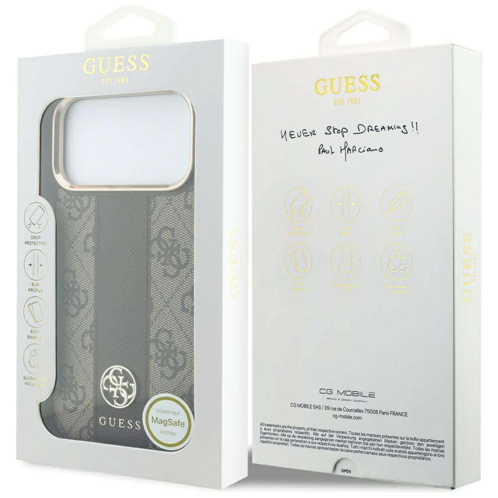 MagSafe puzdro pre Apple iPhone 18 Pro / 17 Pro, Guess, 4G Stripe Round Classic Logo, Hnedé
