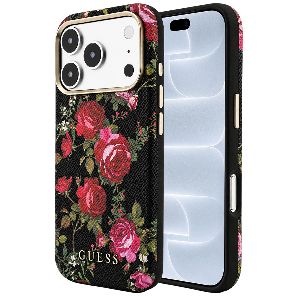 Puzdro MagSafe pre Apple iPhone 18 Pro / 17 Pro, Guess, Blossom Roses Print, čierne