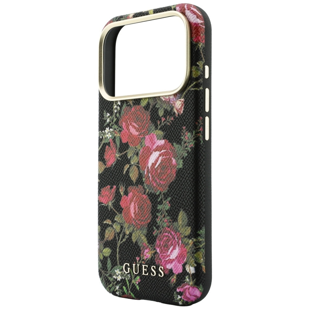 Puzdro MagSafe pre Apple iPhone 18 Pro / 17 Pro, Guess, Blossom Roses Print, čierne
