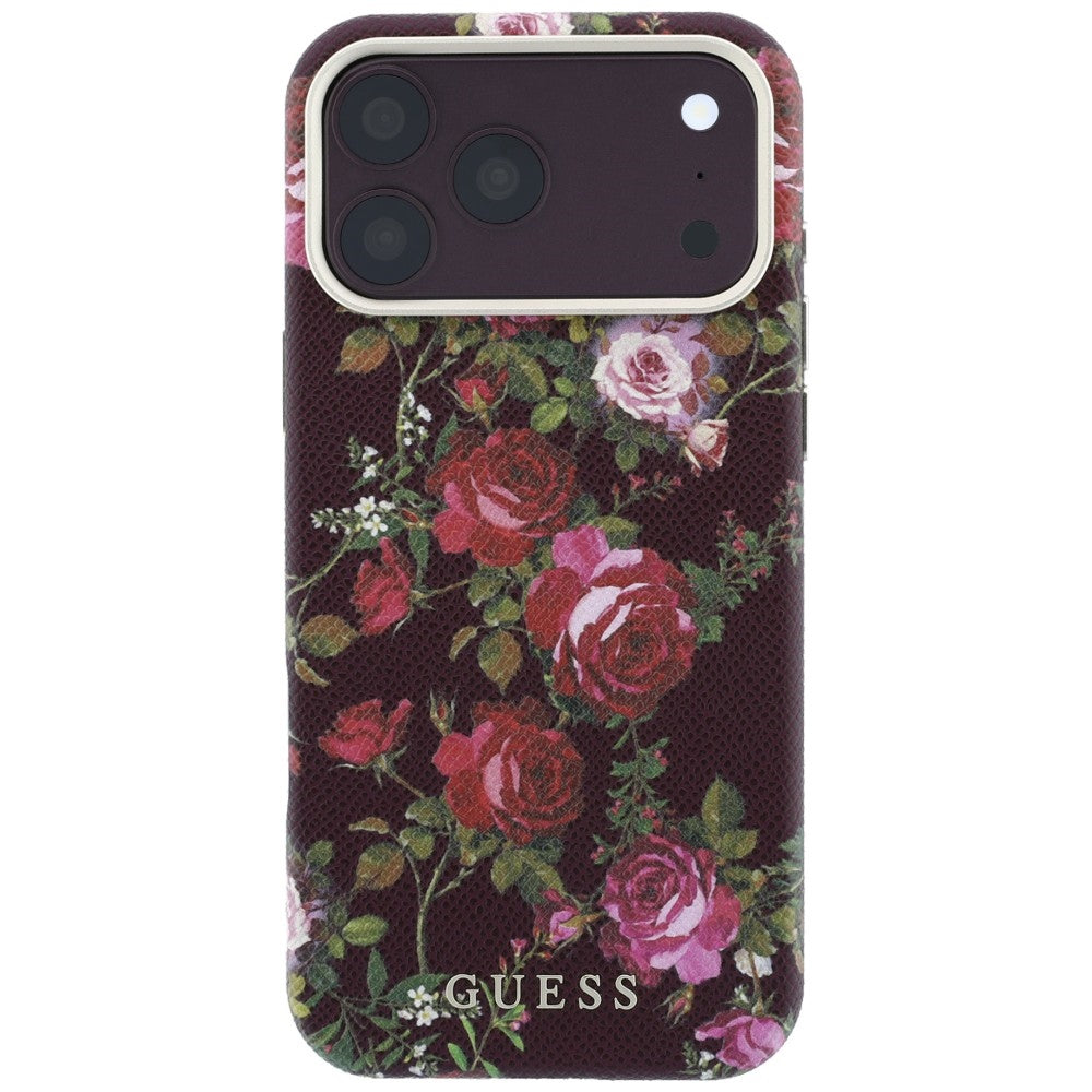 Puzdro MagSafe pre Apple iPhone 18 Pro / 17 Pro, Guess, Blossom Roses Print, bordové