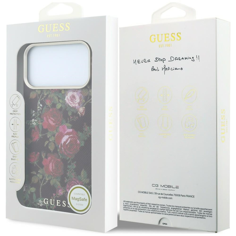 Puzdro MagSafe pre Apple iPhone 18 Pro / 17 Pro, Guess, Blossom Roses Print, bordové