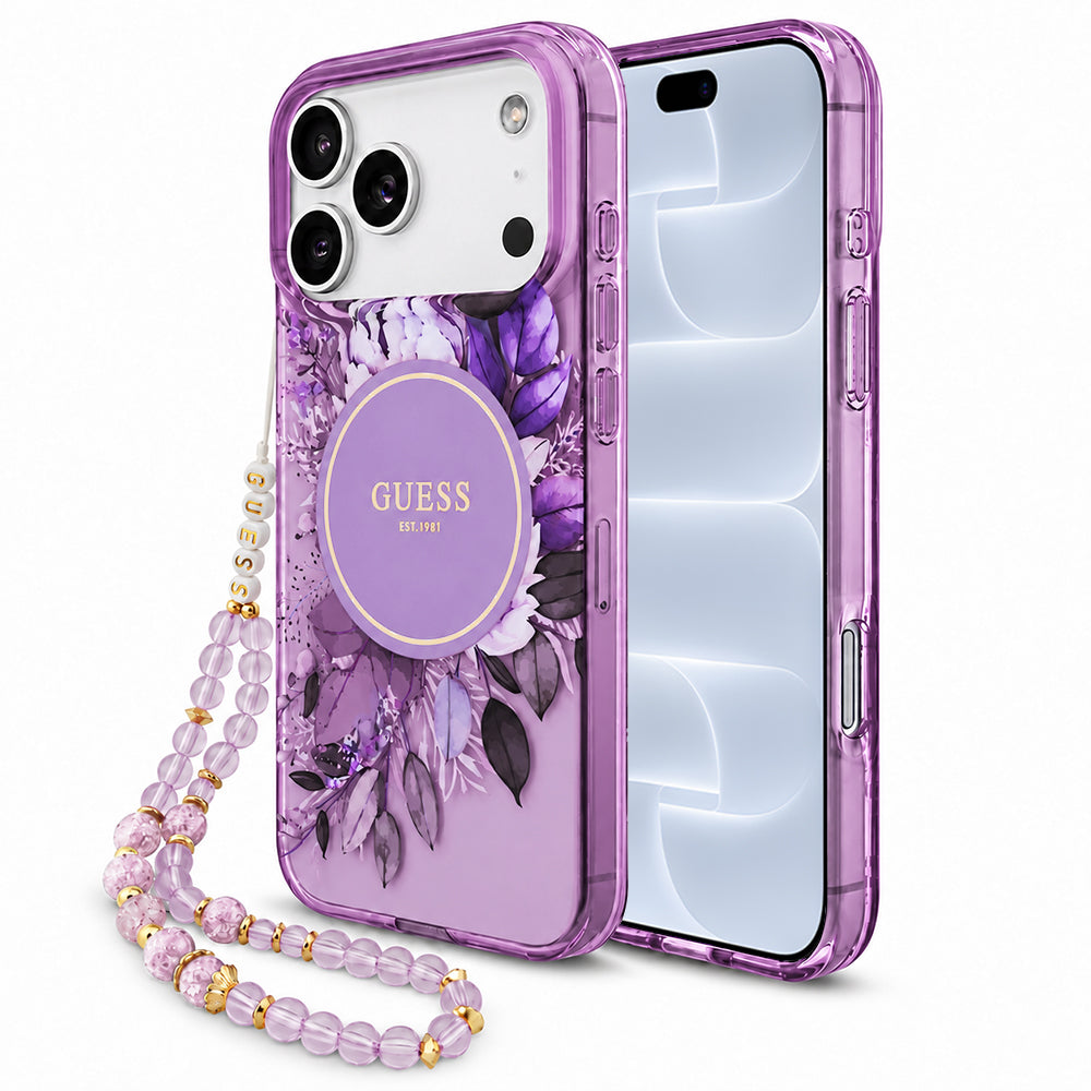 Puzdro MagSafe pre Apple iPhone 18 Pro / 17 Pro, Guess, IML Flowers with Pearl Strap, fialové