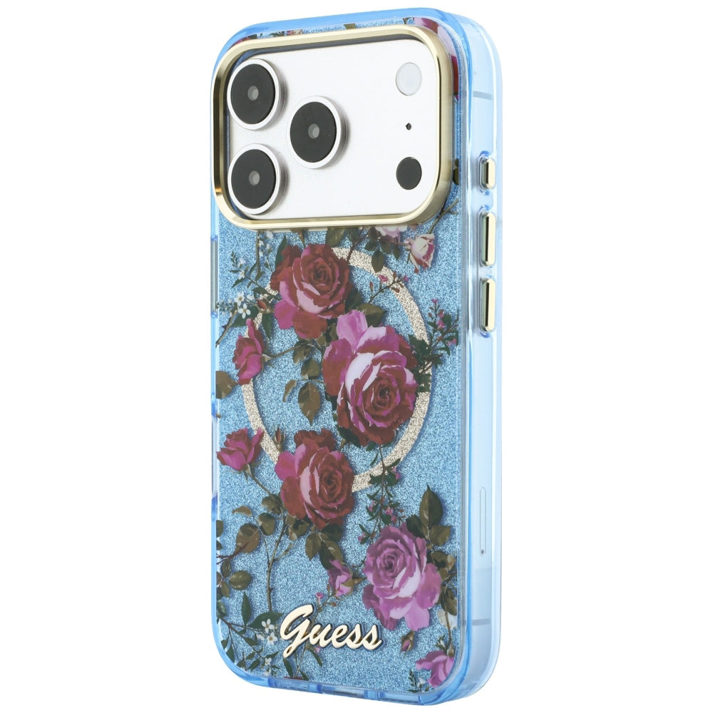MagSafe puzdro pre Apple iPhone 18 Pro / 17 Pro, Guess, IML Glitter Blossom Roses, Bleu