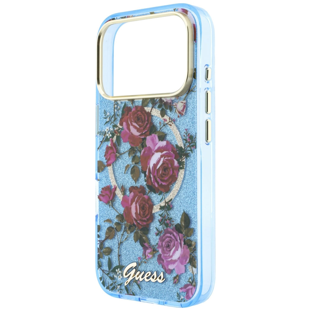MagSafe puzdro pre Apple iPhone 18 Pro / 17 Pro, Guess, IML Glitter Blossom Roses, Bleu