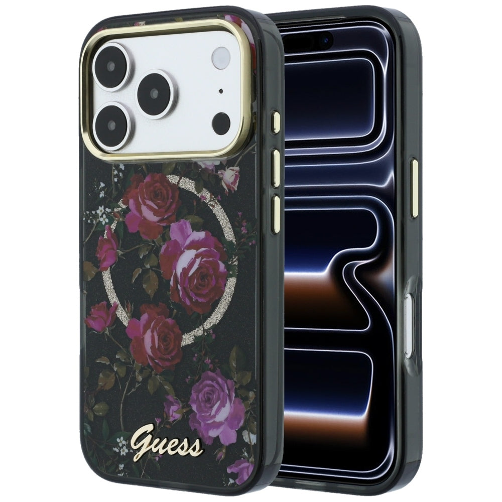 MagSafe puzdro pre Apple iPhone 18 Pro / 17 Pro, Guess, IML Glitter Blossom Roses, Čierna