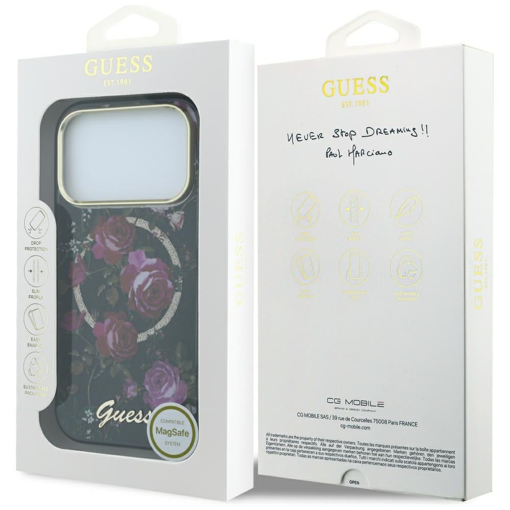 MagSafe puzdro pre Apple iPhone 18 Pro / 17 Pro, Guess, IML Glitter Blossom Roses, Čierna