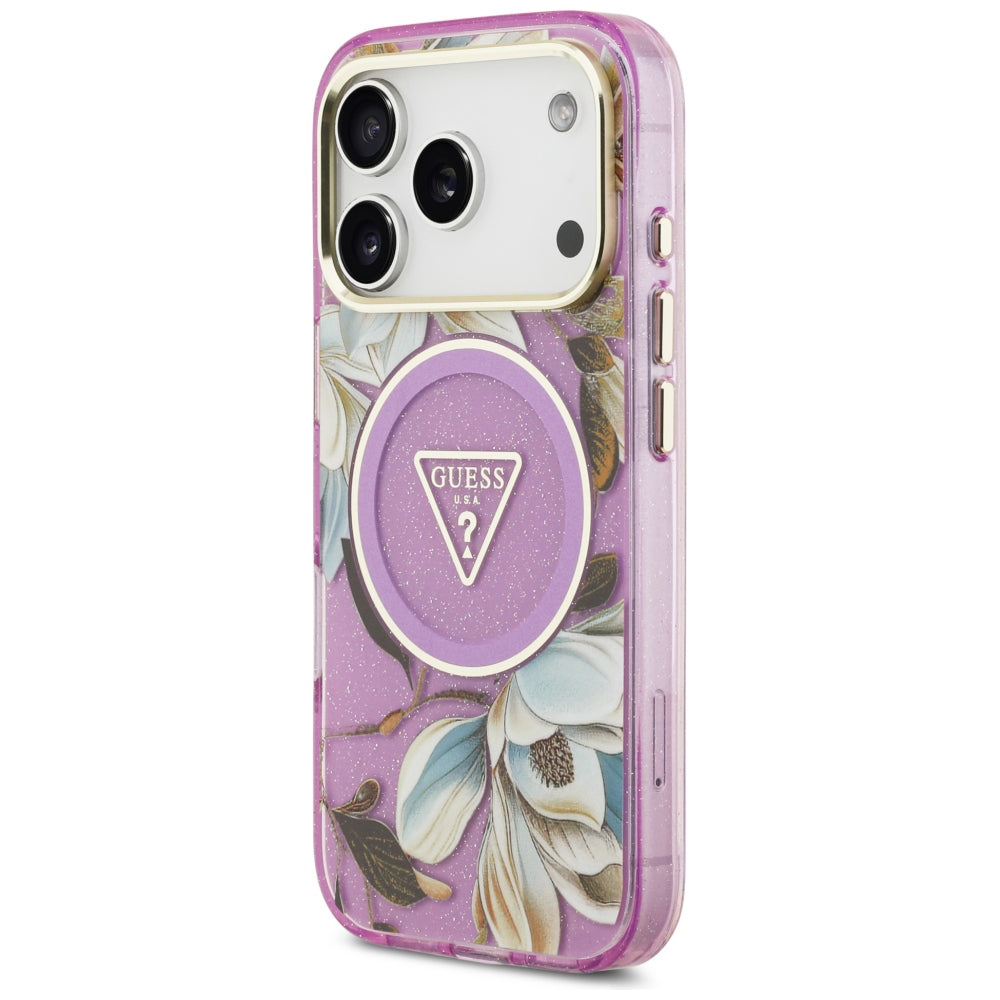 MagSafe puzdro pre Apple iPhone 18 Pro / 17 Pro, Guess, IML Metal Glitter Flowers Triangle, Fialové