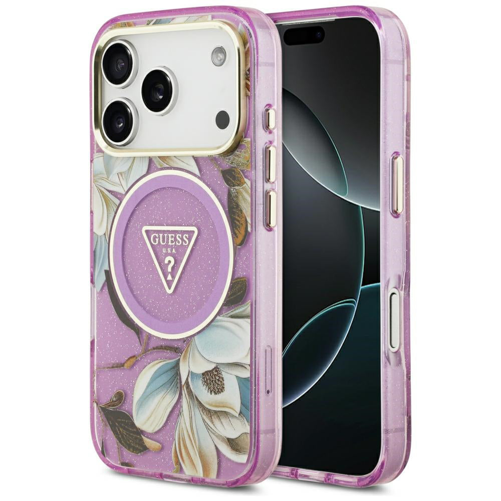 MagSafe puzdro pre Apple iPhone 18 Pro / 17 Pro, Guess, IML Metal Glitter Flowers Triangle, Fialové