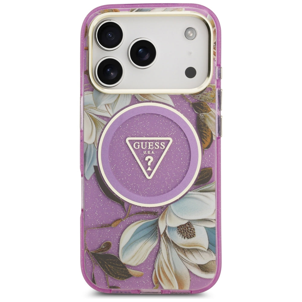 MagSafe puzdro pre Apple iPhone 18 Pro / 17 Pro, Guess, IML Metal Glitter Flowers Triangle, Fialové