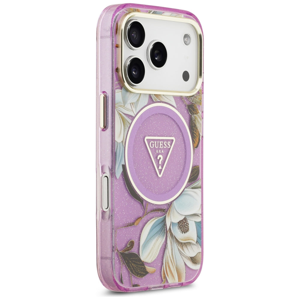 MagSafe puzdro pre Apple iPhone 18 Pro / 17 Pro, Guess, IML Metal Glitter Flowers Triangle, Fialové