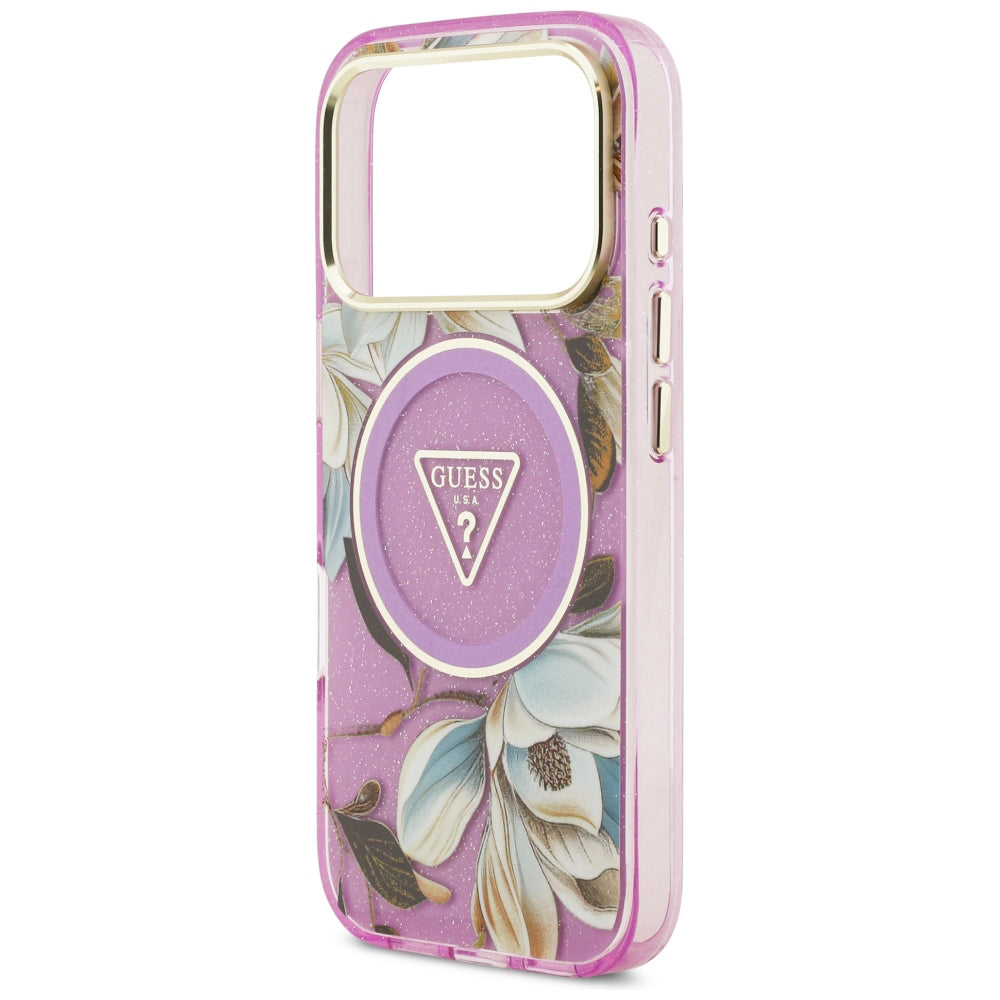 MagSafe puzdro pre Apple iPhone 18 Pro / 17 Pro, Guess, IML Metal Glitter Flowers Triangle, Fialové