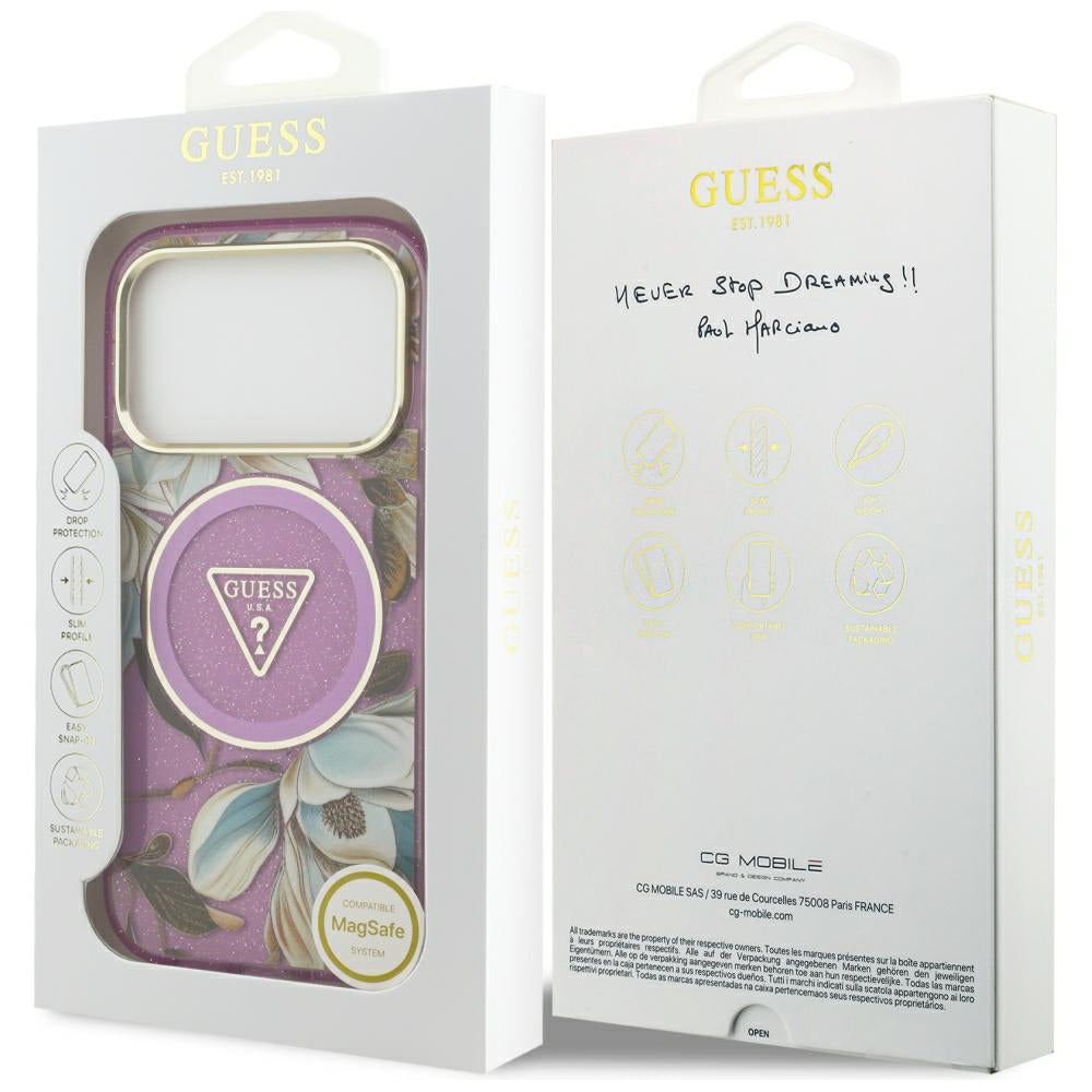 MagSafe puzdro pre Apple iPhone 18 Pro / 17 Pro, Guess, IML Metal Glitter Flowers Triangle, Fialové