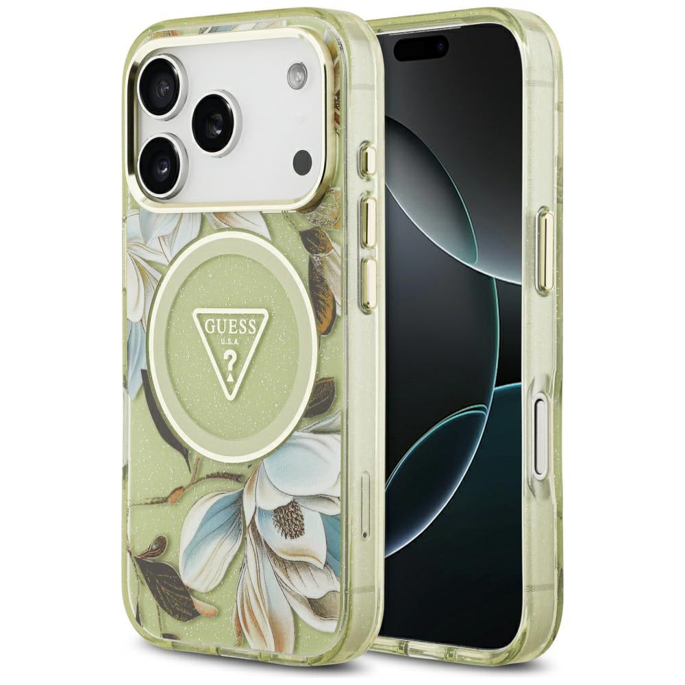 MagSafe puzdro pre Apple iPhone 18 Pro / 17 Pro, Guess, IML Metal Glitter Flowers Triangle, Zelené