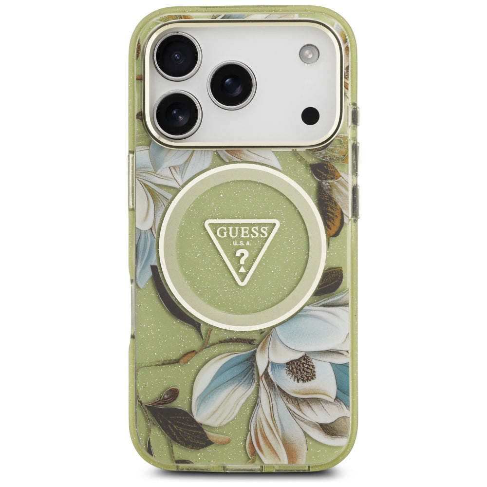 MagSafe puzdro pre Apple iPhone 18 Pro / 17 Pro, Guess, IML Metal Glitter Flowers Triangle, Zelené